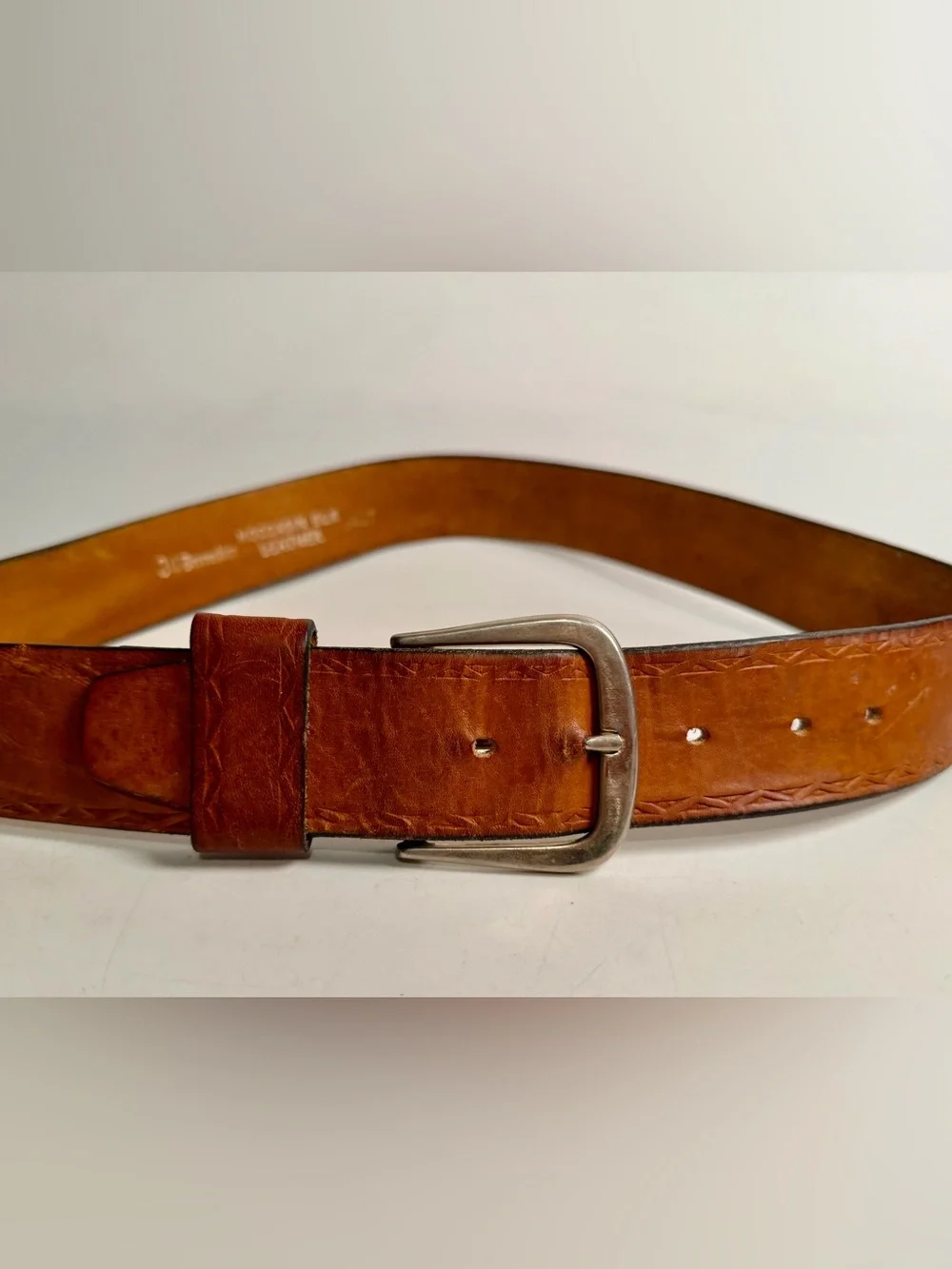 VTG Devonshire 34 1.5” Moccasin Elk Leather Belt Top Grain Silver Brass Buckle